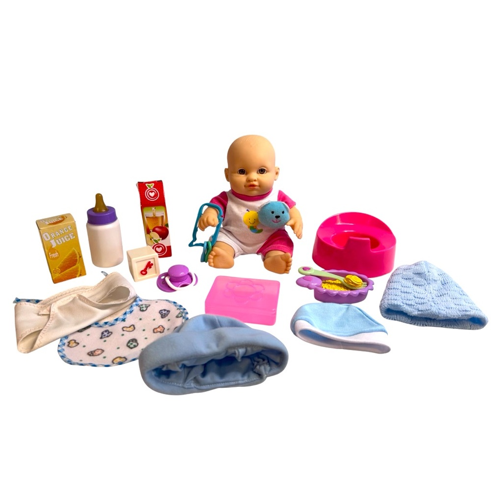 18-Piece 9” baby doll set hats outfit pacifier potty chair bottle diaper & more